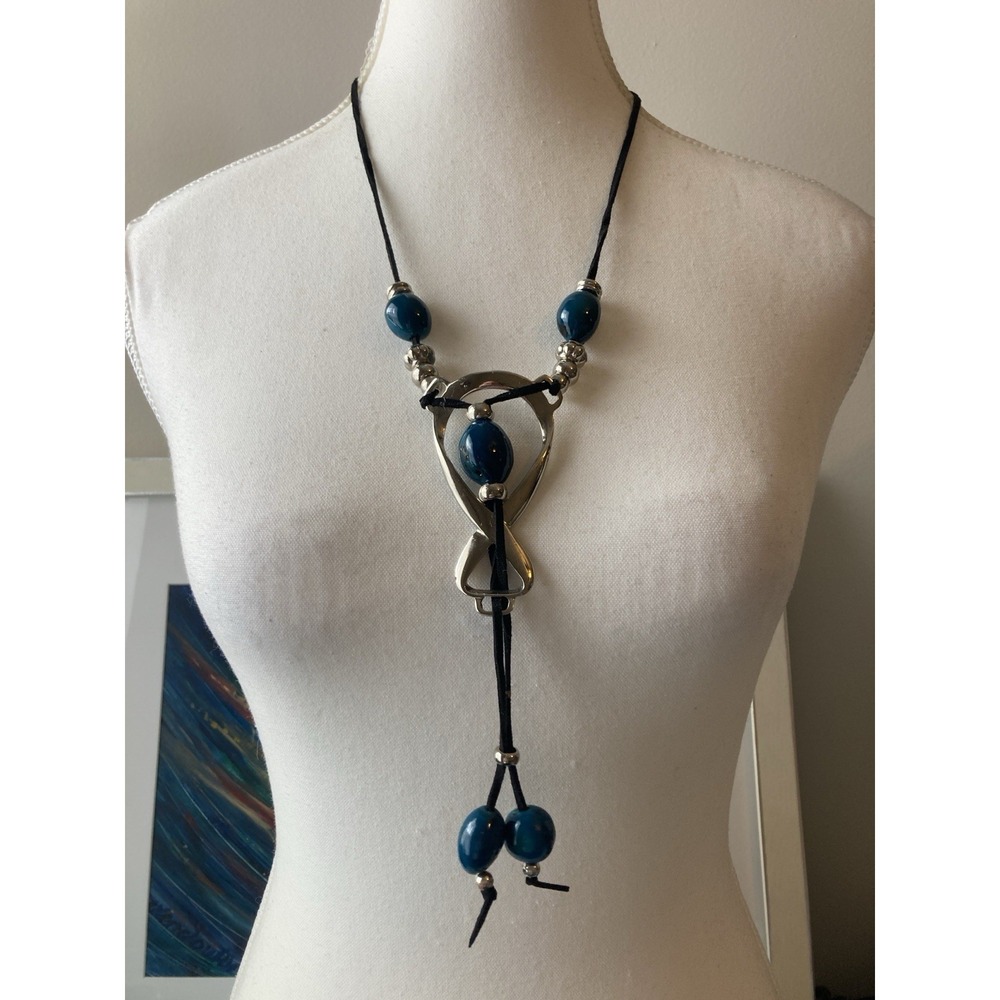 Teal Blue Bead Black Cord Lariat Necklace Silver Tone Abstract Pendant Artsy